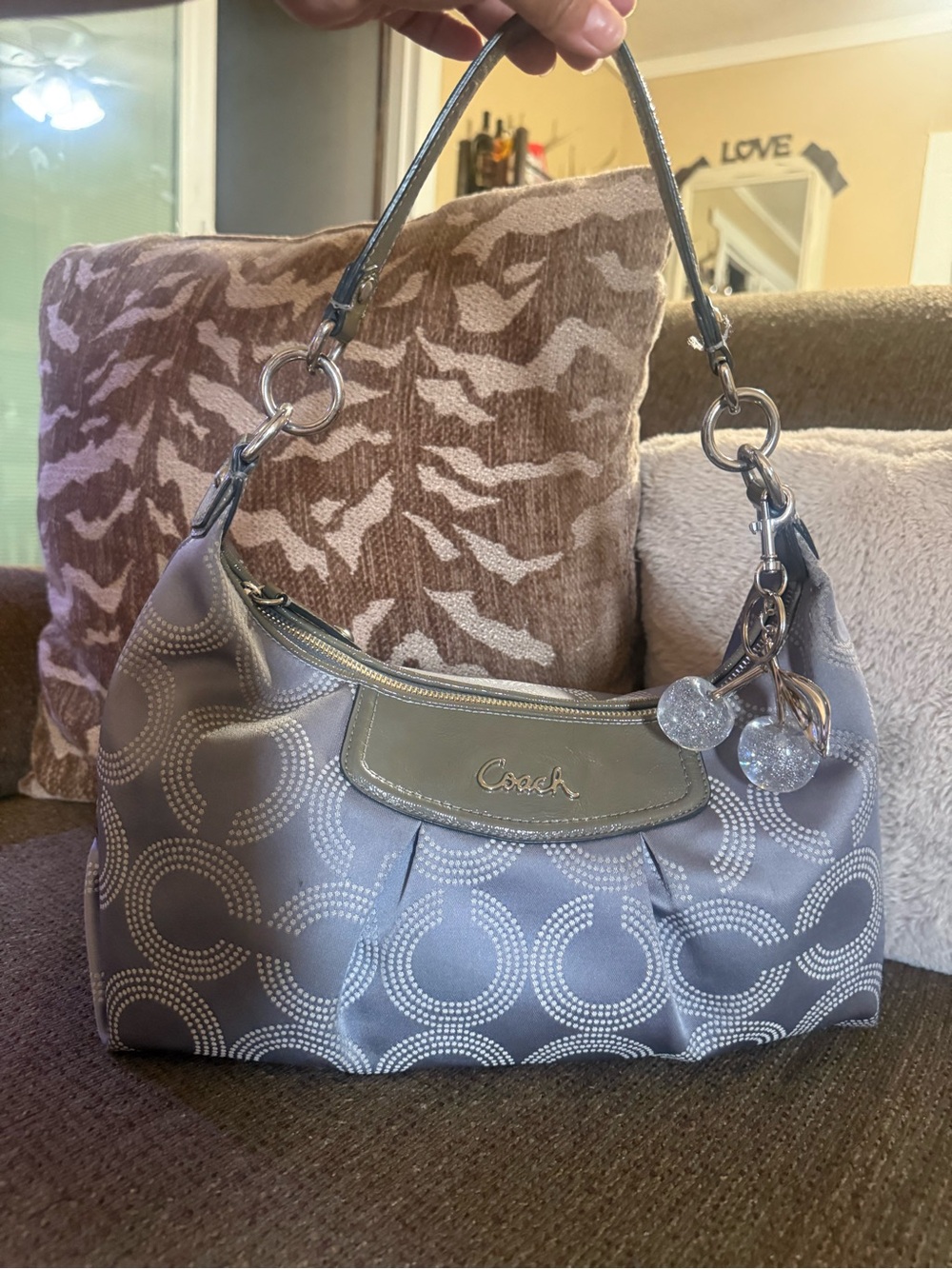 Coach Silver Gray Signature Shoulder Bag Cherries not included